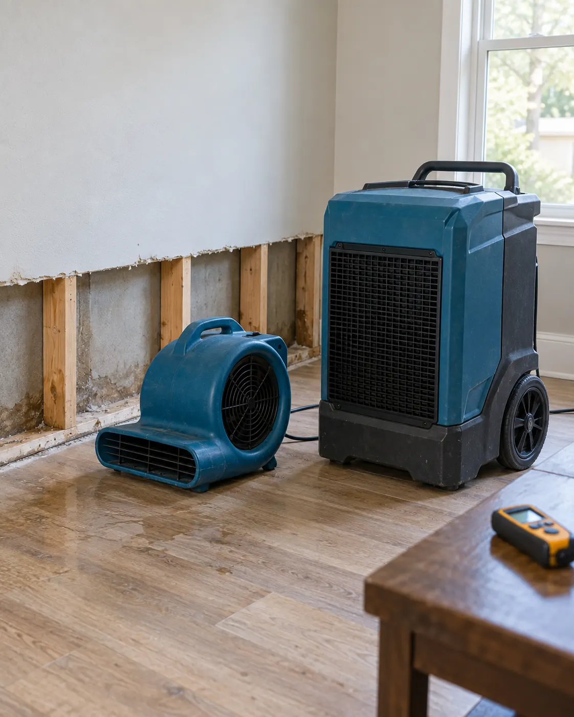 Close view of a dehumidifier and air mover drying a wet baseboard