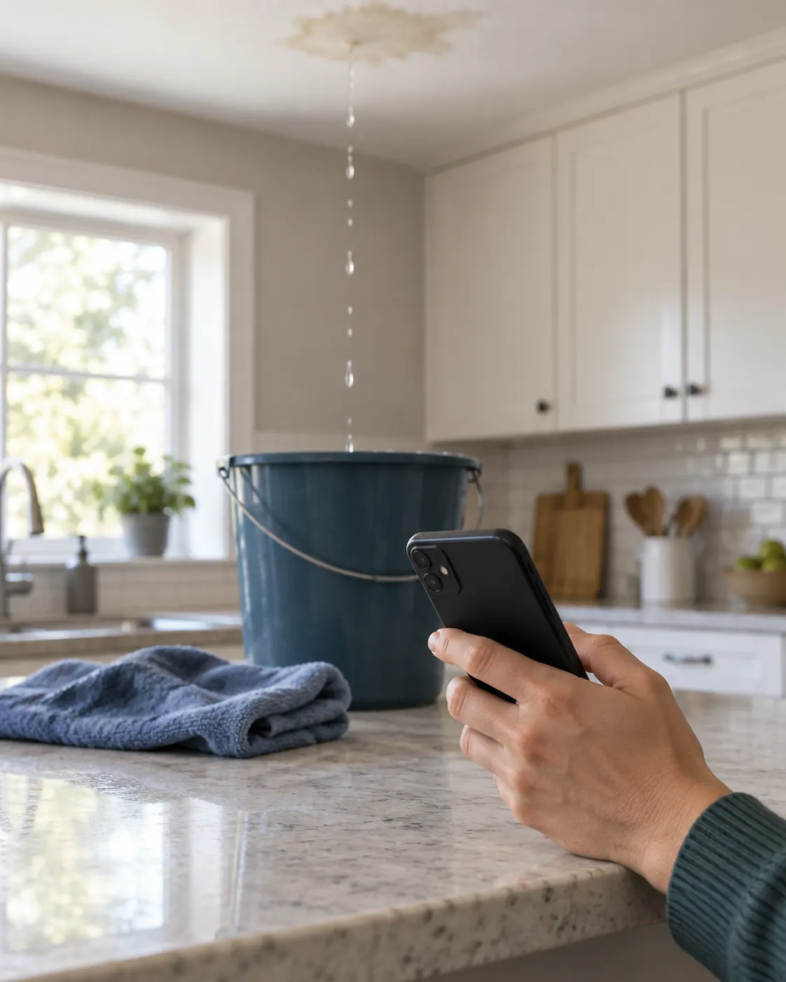 Illustrative hand holding a phone beside a bucket catching a ceiling drip