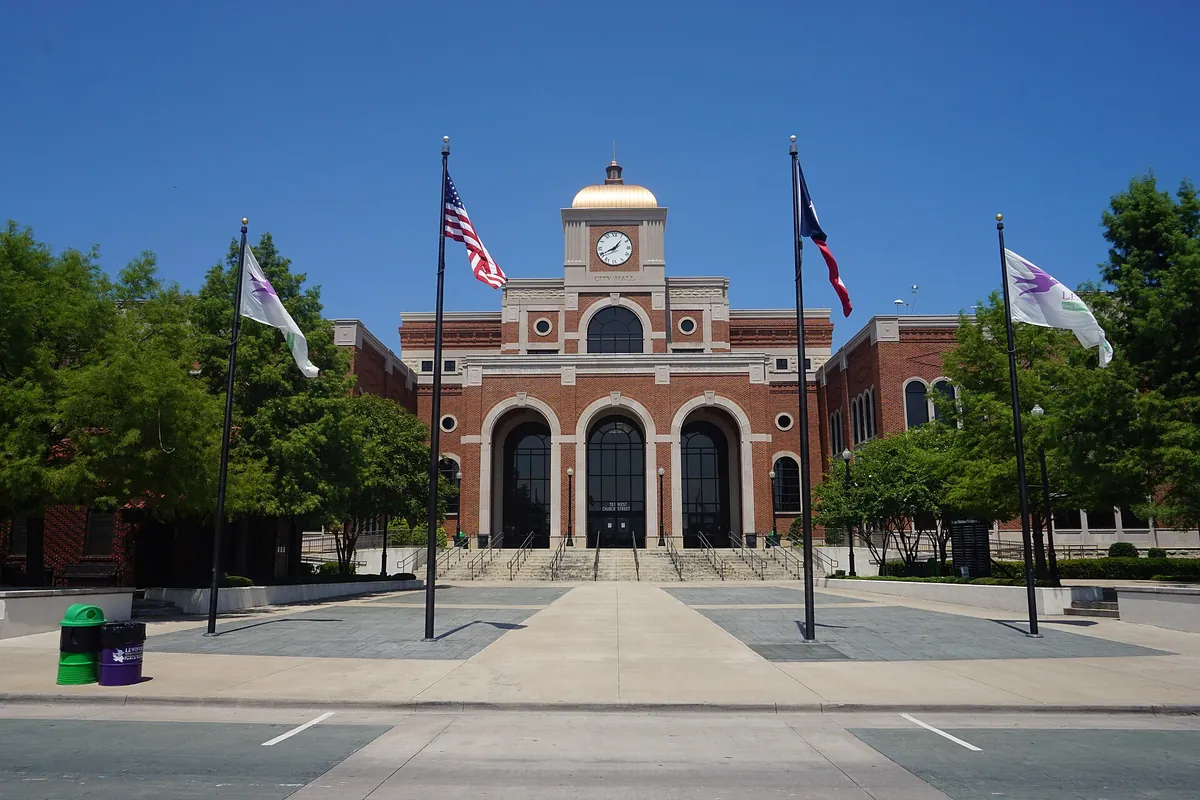 The exterior of City Hall in Lewisville, Texas