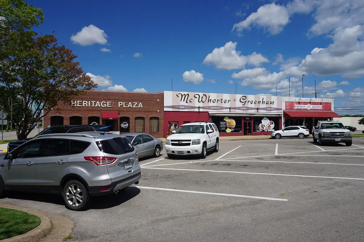 Storefronts along Broad Street in Mesquite, Texas